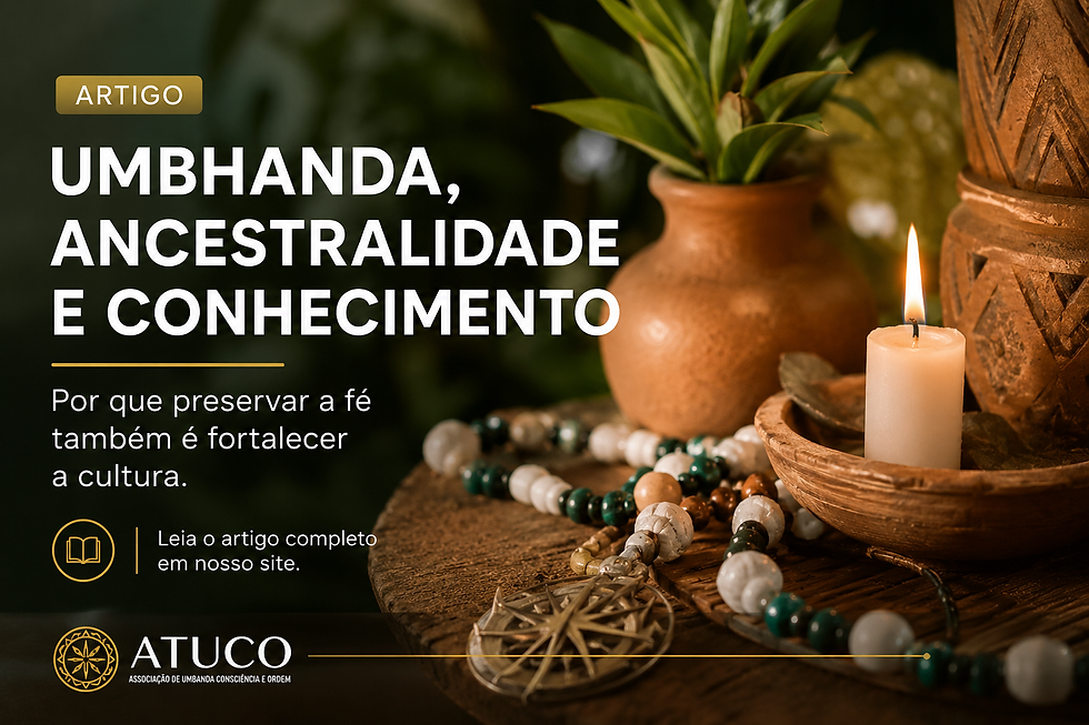Representação da herança cultural afro-brasileira por meio de elementos ligados à memória ancestral, ao conhecimento e à preservação das tradições religiosas.