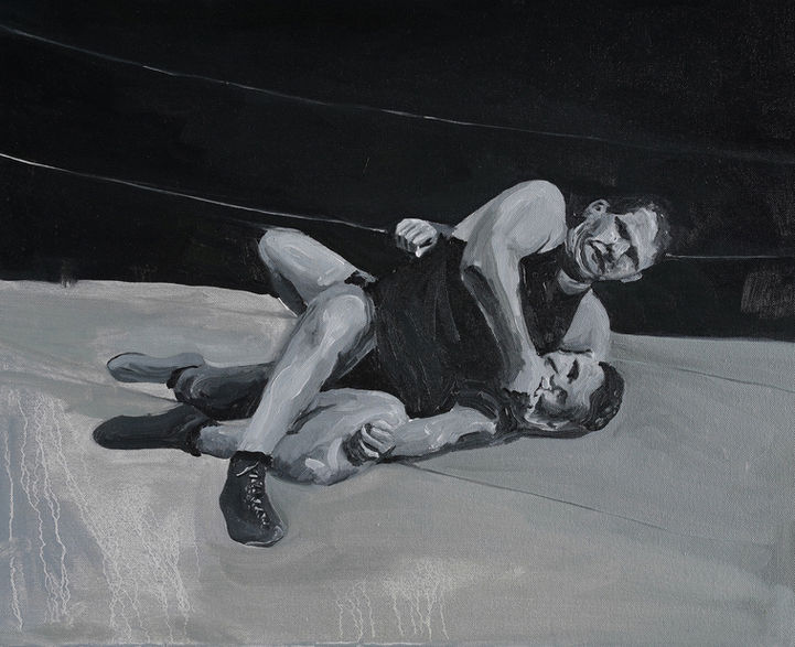 Grayscale painting of two wrestlers locked in combat inside a ring, bodies tense and intertwined.