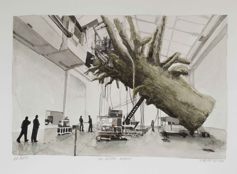 Installation view of a massive uprooted tree suspended inside a museum space, surrounded by viewers.