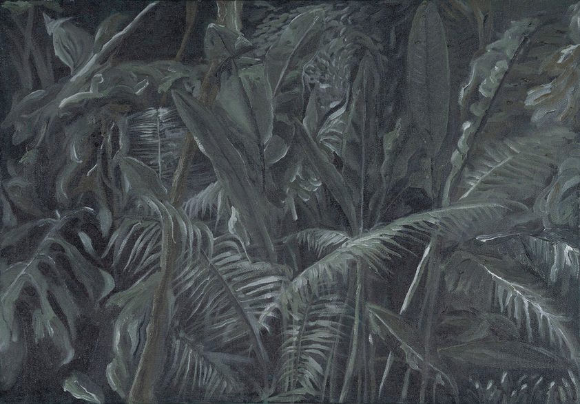 Dark painted jungle foliage, dense tropical leaves layered in deep green and black tones.