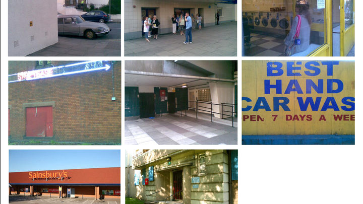 Grid of photographs showing storefronts, urban facades, signage, interior corridors, and street-level commercial spaces.