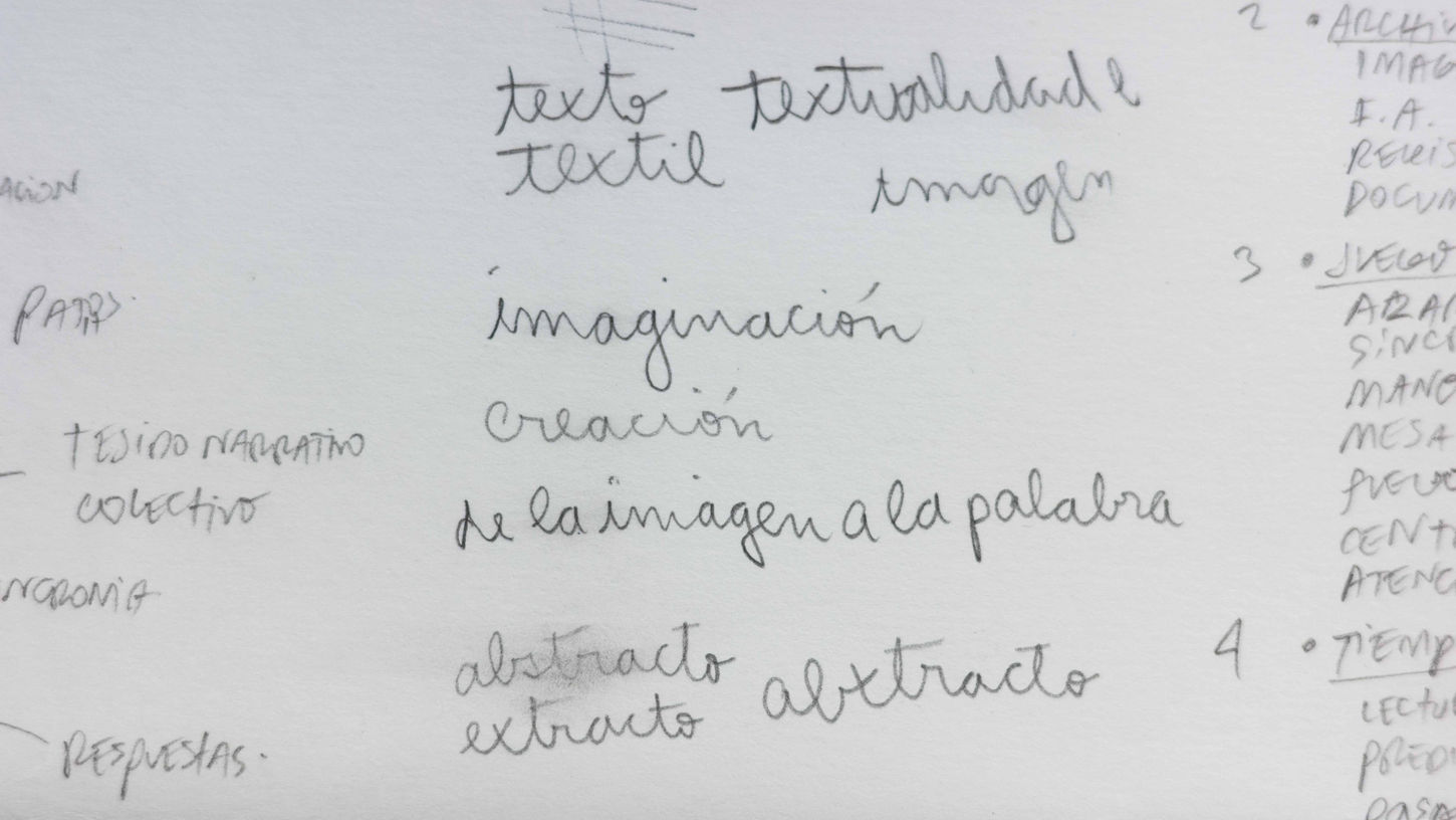 Handwritten text in Spanish exploring relationships between text, image, imagination, and abstraction.