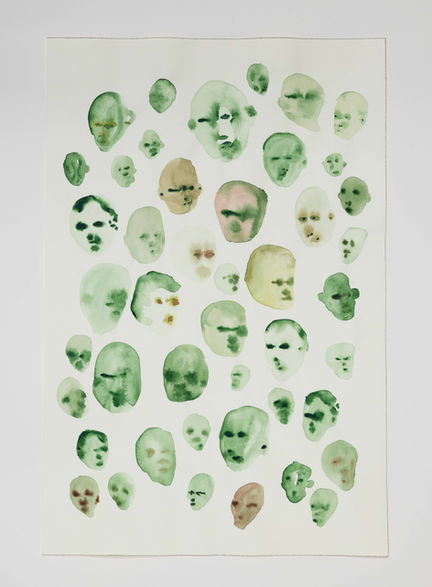 Series of small green skull studies in watercolor, each slightly different, suggesting taxonomy and archival classification.