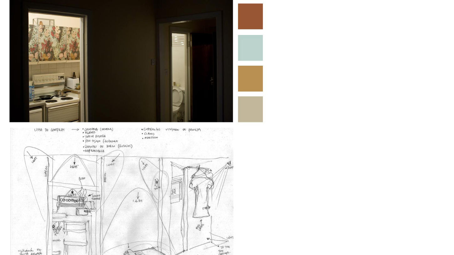 Interior view of a small apartment room with a bed and doorway, alongside a hand-drawn sketch of a room layout and color palette samples.
