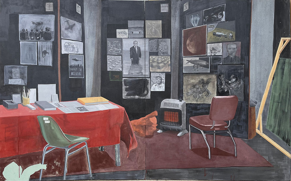 big painting, The studio, showing a space with 3 panels full of small images