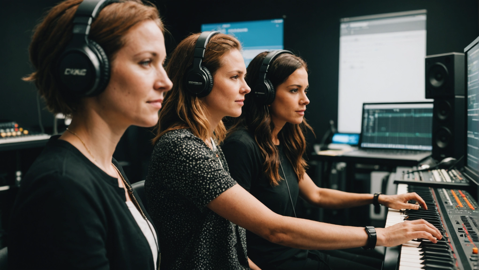 Women collaborating in music production
