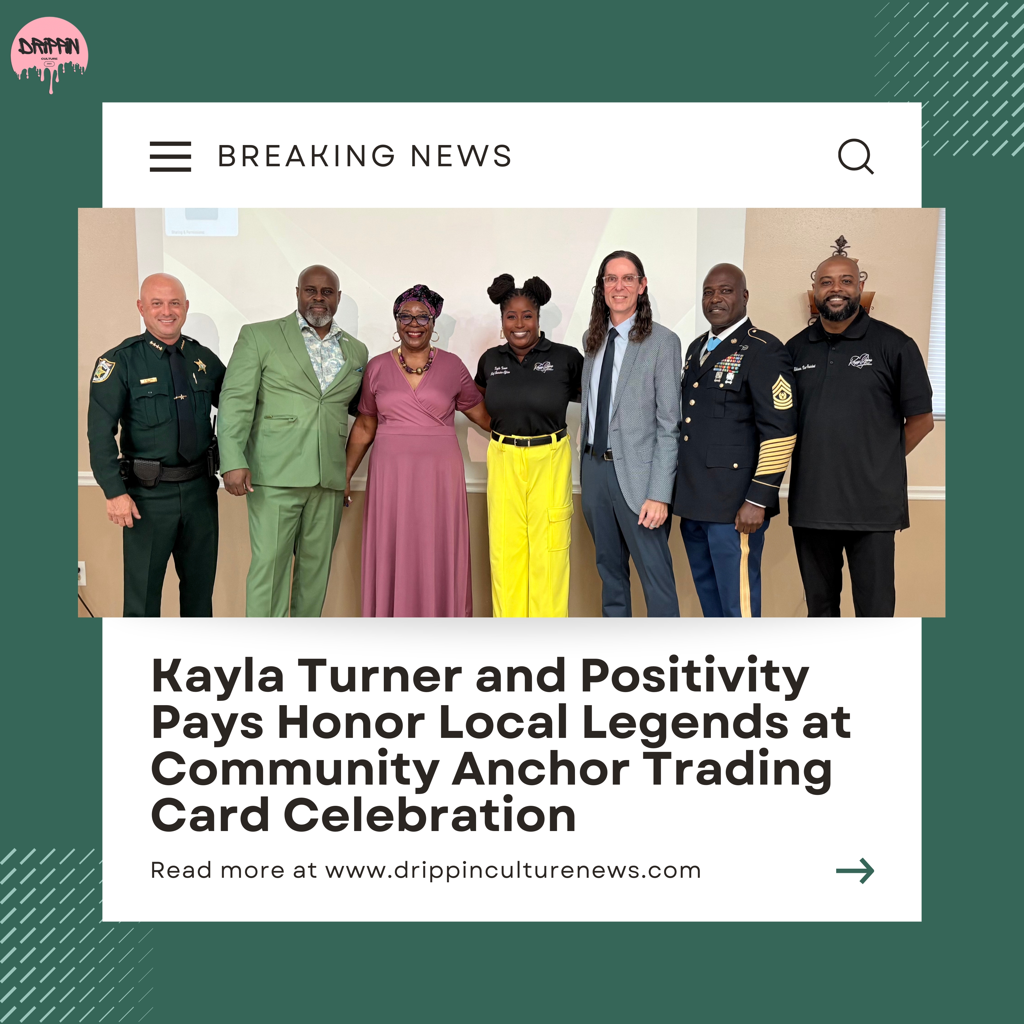 Community Anchor Trading Card Event From left to right Sheriff Richard Del Toro Jr., Sandy Mack Sr,, Mrs. Doretha Hair Truesdell, Kayla Turner, Sean Boyle, Command Sergeant Major Clyde Mitchell Jr., and Ramon Robinson