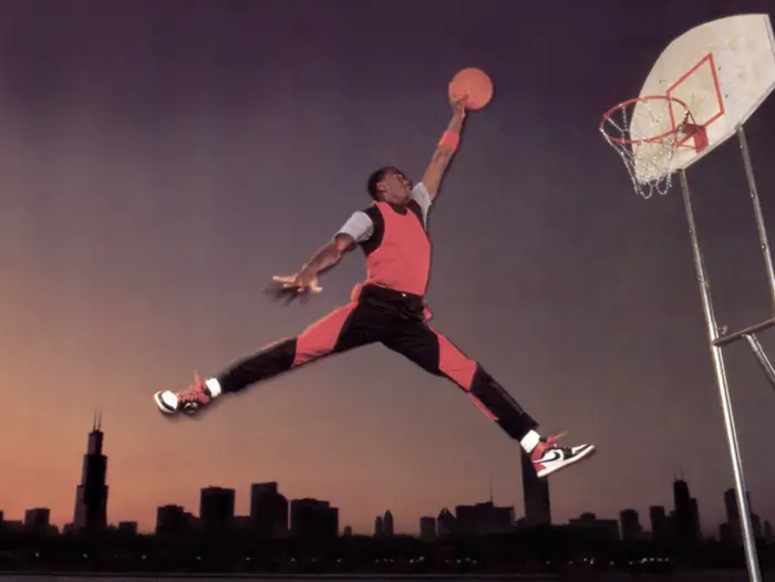 Nike made this similar image after paying to use Rentmeester’s photo, and from it derived the Jumpman logo. Via Nike