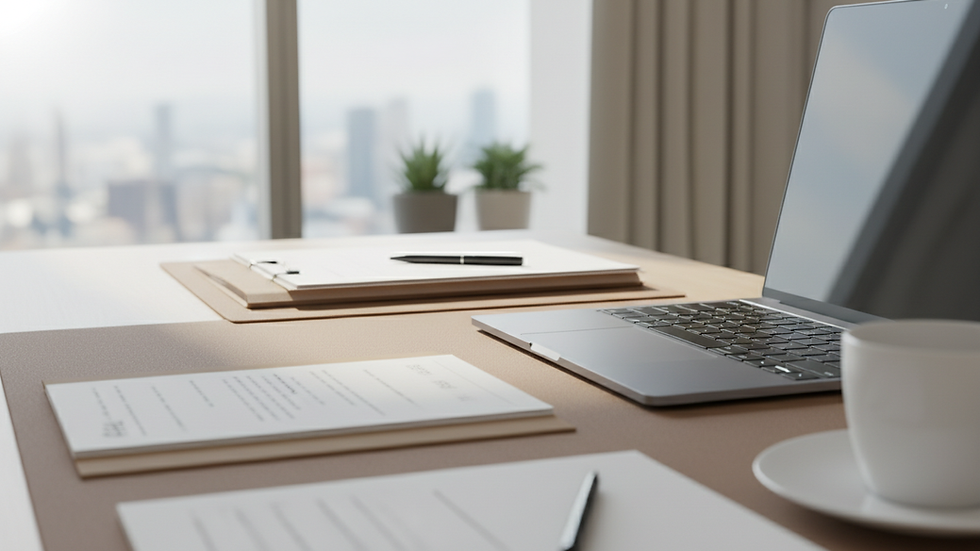 Eye-level view of a modern office desk with business documents and a laptop