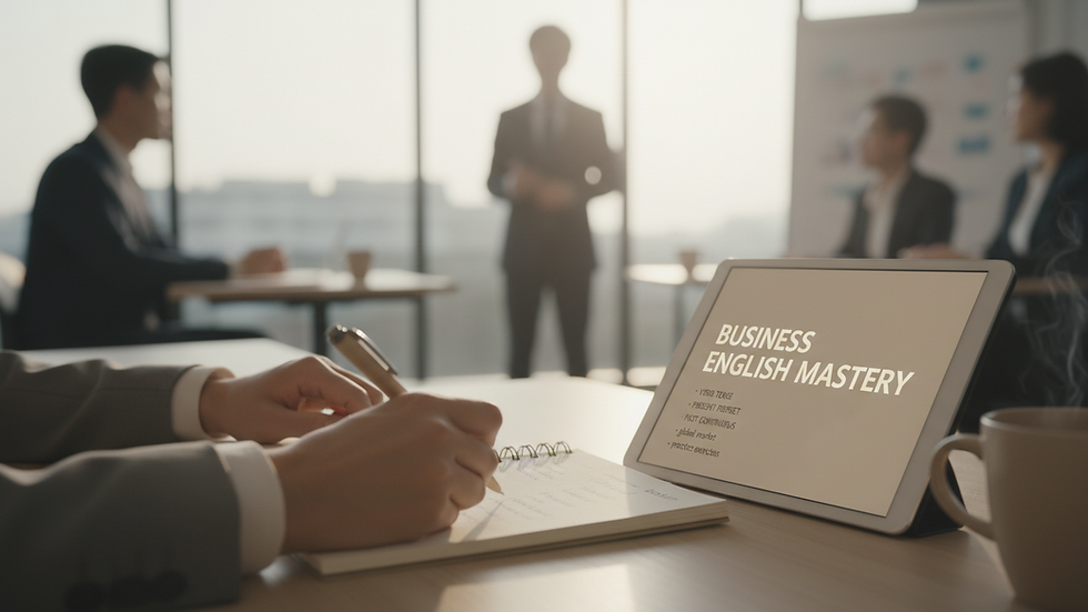 Close-up view of a business professional taking notes during an English training session