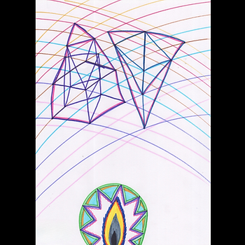 Abstract artwork titled Active Hope showing multicoloured tangled lines above a green circle containing a yellow-orange flame.