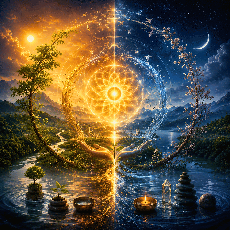 Sun and moon over dual landscape; hands cradle glowing orb. Vibrant nature with trees, plants, and water reflects harmony and balance.
