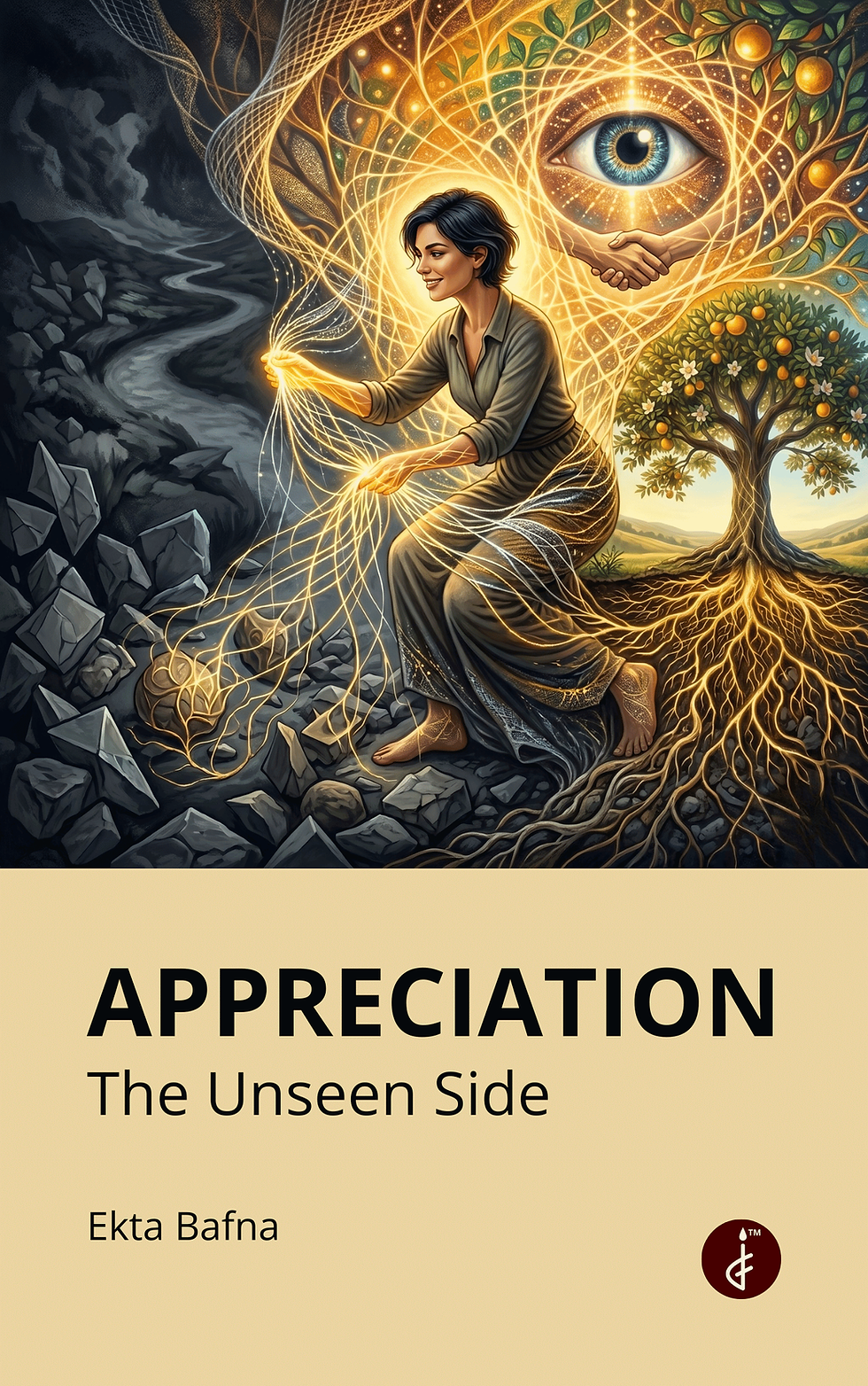 “Appreciation: The Unseen Side” book cover featuring a figure weaving glowing threads with natural elements, representing invisible appreciation and deeper human connection.