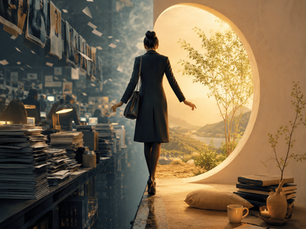 A woman walks towards a glowing circular window with a serene landscape. Behind her, an office with papers flying and stacks of documents.