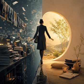 A woman walks towards a glowing circular window with a serene landscape. Behind her, an office with papers flying and stacks of documents.