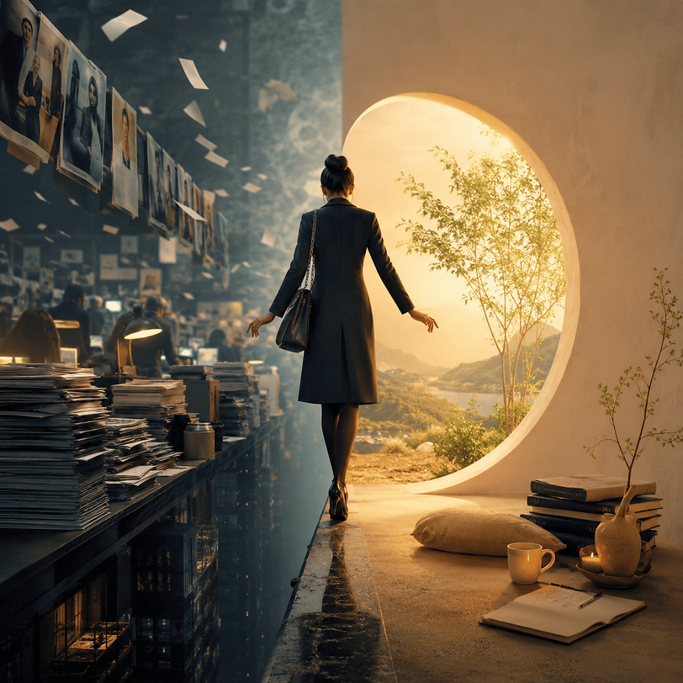 A woman walks towards a glowing circular window with a serene landscape. Behind her, an office with papers flying and stacks of documents.