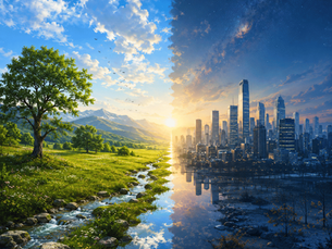 Day and night split image of nature and cityscape. Left shows a sunny field with a stream, right shows lit skyscrapers under a starry sky.