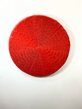 Love.Craft Athens, GA, Paint Carving, Minimalistic Art, Red Art, Carved Art, Wooden Circle with layered carved red paint