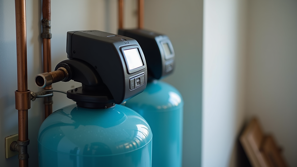 Close-up view of a water softener system installed in a home