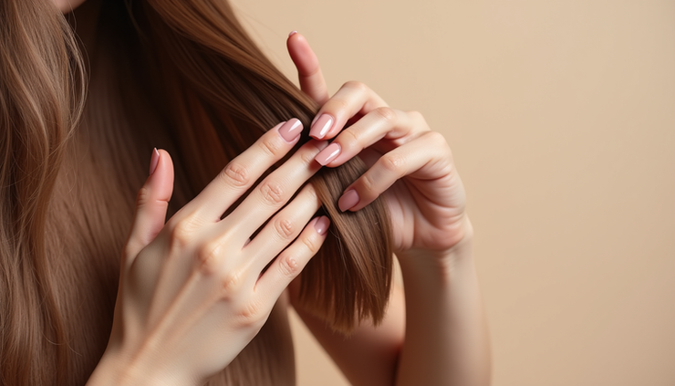 Close-up view of healthy hair strands and well-groomed nails