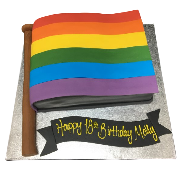 Bespoke cake featuring a vibrant rainbow pride flag design, crafted for celebration in Solihull, West Midlands.