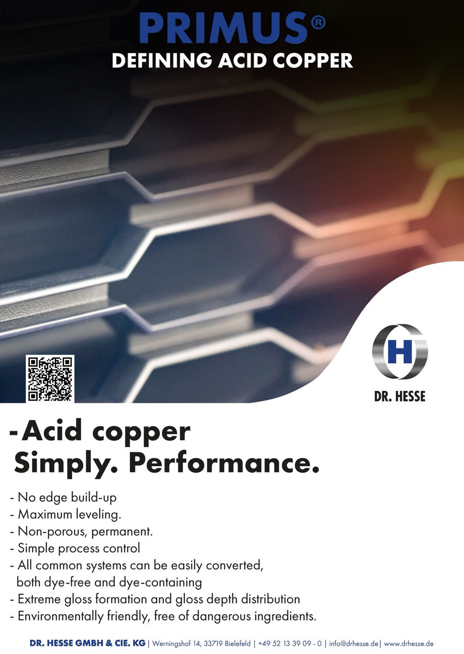 Werbeflyer PRIMUS® von Dr. HESSE – Acid Copper Elektrolyt für maximale Glanzbildung, gleichmäßige Schichtverteilung, einfache Prozesskontrolle und umweltfreundliche Beschichtungen.