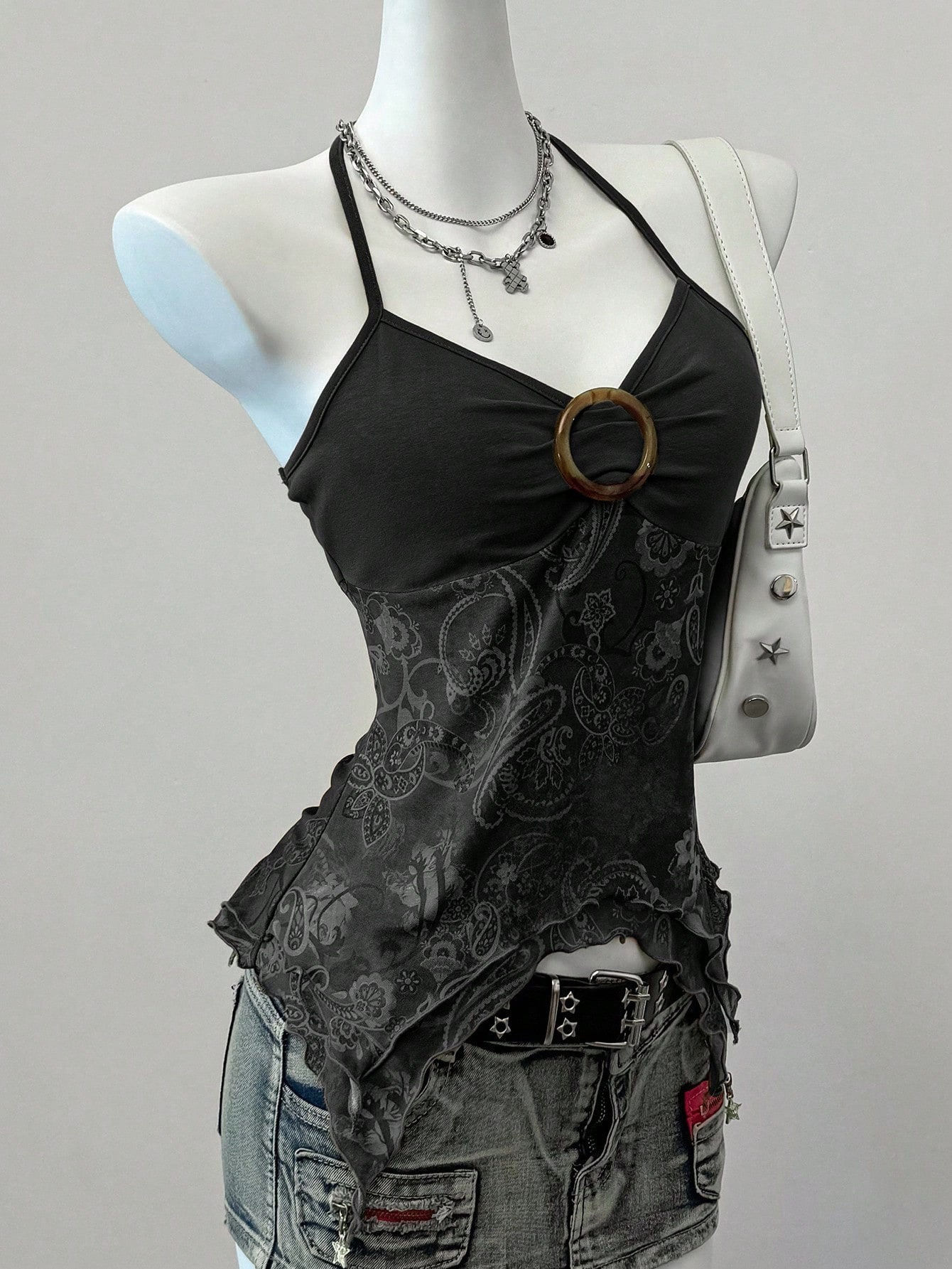 Sexy Spicy Girl Sleeveless Halter Tops Women's Printed Mesh Splice Slim Fit Back