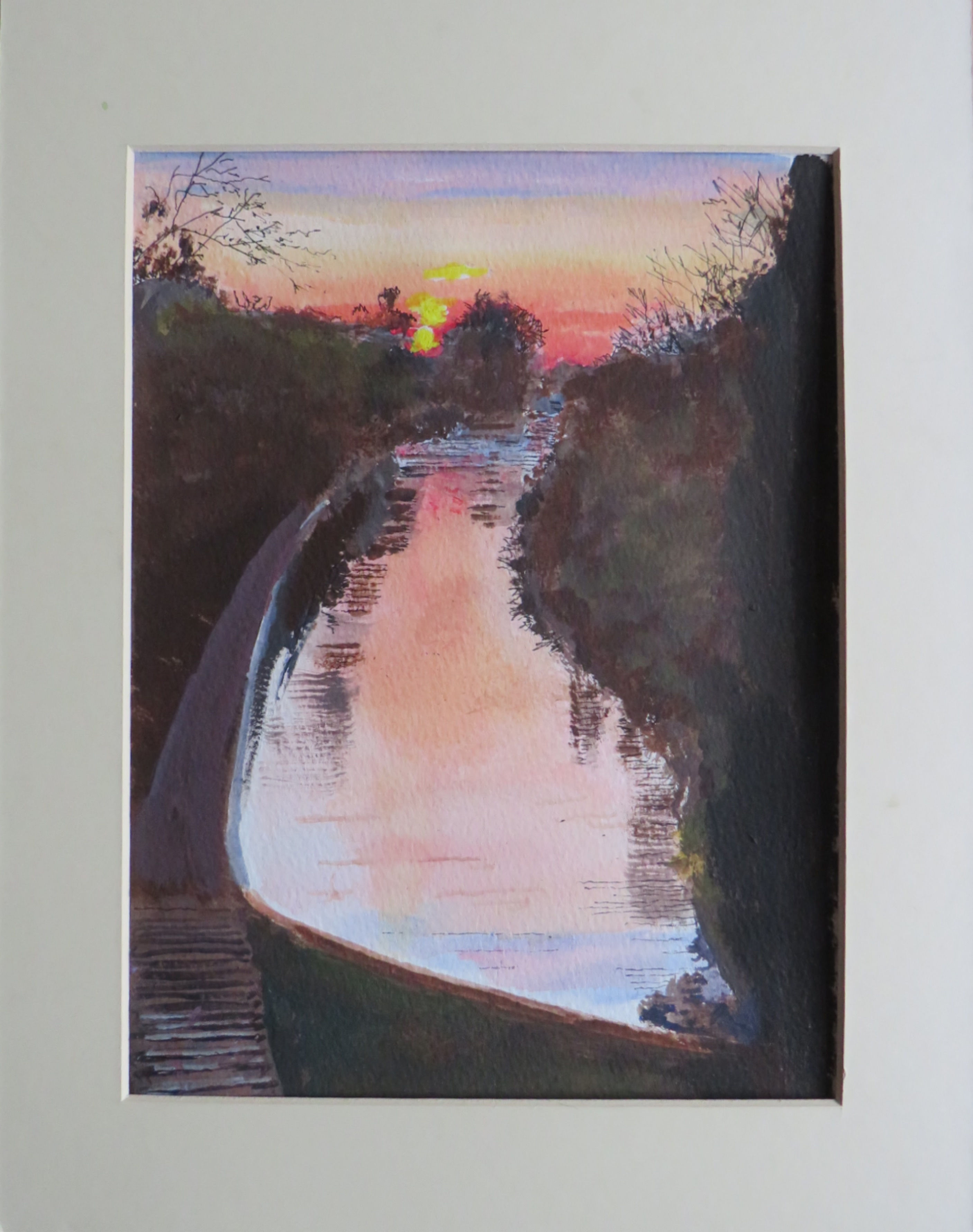 Canal sunset original gouache painting