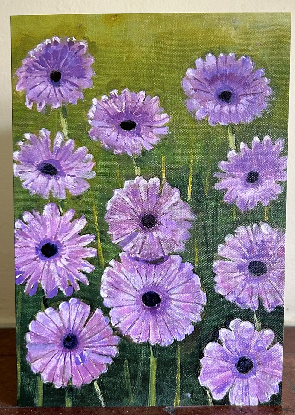 Purple flowers 15 by 22cm Greeting card
