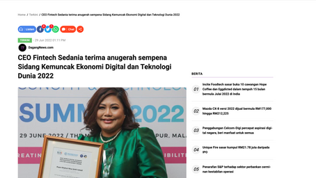 CEO Fintech Sedania terima anugerah sempena Sidang Kemuncak Ekonomi Digital danTeknologi Dunia 2022