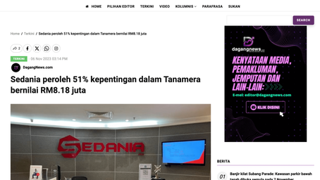 Sedania peroleh 51% kepentingan dalam Tanamera bernilai RM8.18 juta