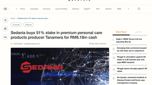 Sedania buys 51% stake in premium personal care products producer Tanamera for RM8.18m cash