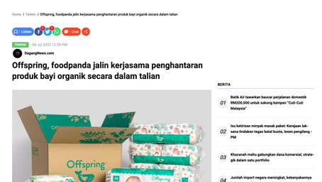 Offspring, foodpanda jalin kerjasama penghantaran produk bayi organik secara dalam talian
