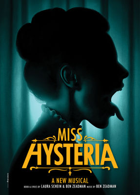 Miss Hysteria musical poster featuring the teal silhouette of a woman in profile. אמנות מפתח למחזמר Miss Hysteria, מאת שיין הורוביץ.
