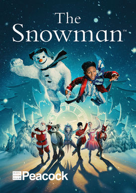 The Snowman key art featuring a child flying through a snowy fantasy landscape with the Snowman and Father Christmas. אמנות מפתח למחזמר The Snowman בווסט אנד, מאת שיין הורוביץ.