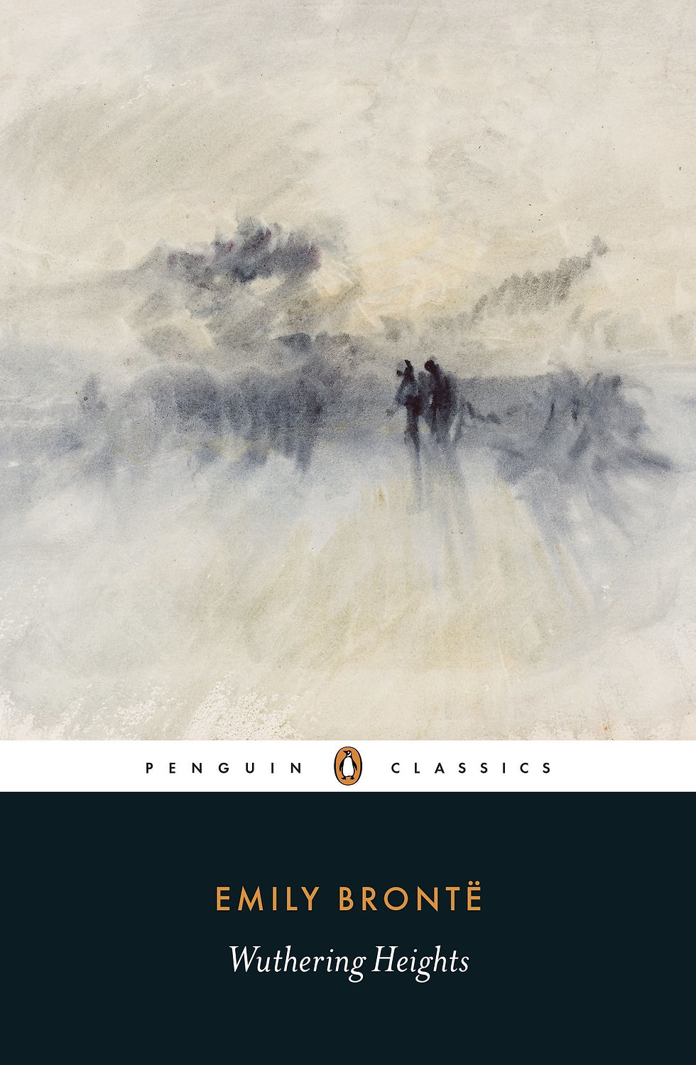 Two silhouetted figures stand in a misty, blurred landscape, exuding a mysterious mood. Text reads "Emily Brontë, Wuthering Heights."