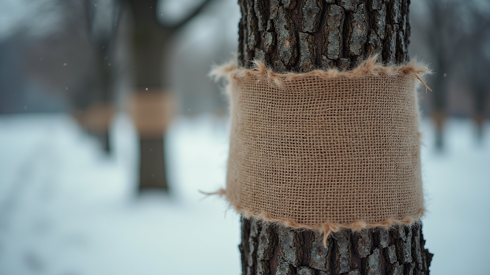 High angle view of a young tree wrapped with burlap for winter