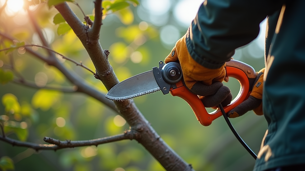 Close-up view of an arborist pruning a tree branch with professional tools