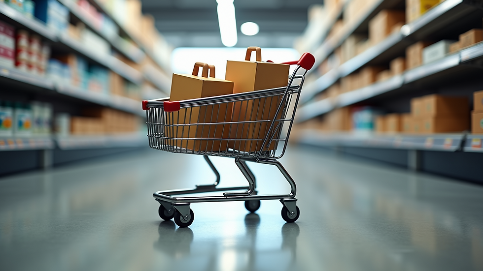 Eye-level view of a modern online shopping cart filled with goods