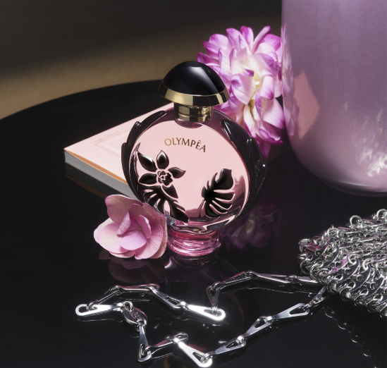 Rabanne Olympea Flora Eau de Parfum Intense 80ml bottle, black winged design with pink liquid and gold accents.
