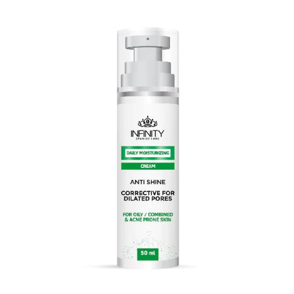 White pump bottle of Infinity Daily Moisturizing Cream for oily skin. Features green text and logo on a plain background.