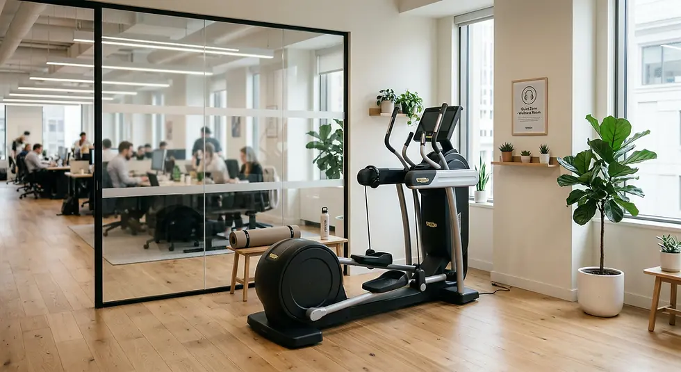 Elliptical machine in a bright office corner with plants. Glass wall separates exercise area from open office with people working.