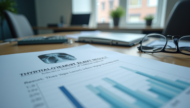 Eye-level view of a medical file with thyroid scan results on a desk