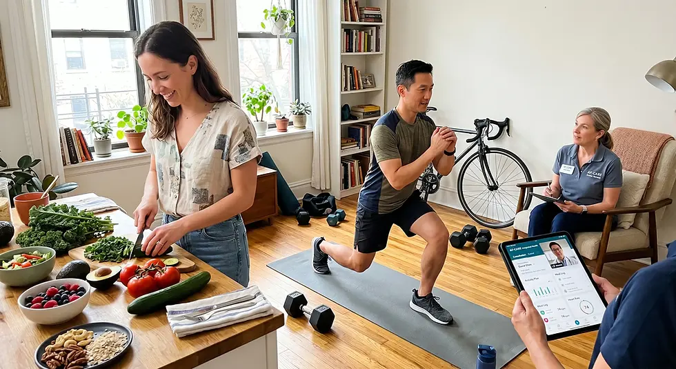 Woman cuts vegetables in kitchen, man exercises on mat, and woman consults on a chair. Tablet shows health data. Bright, airy room.