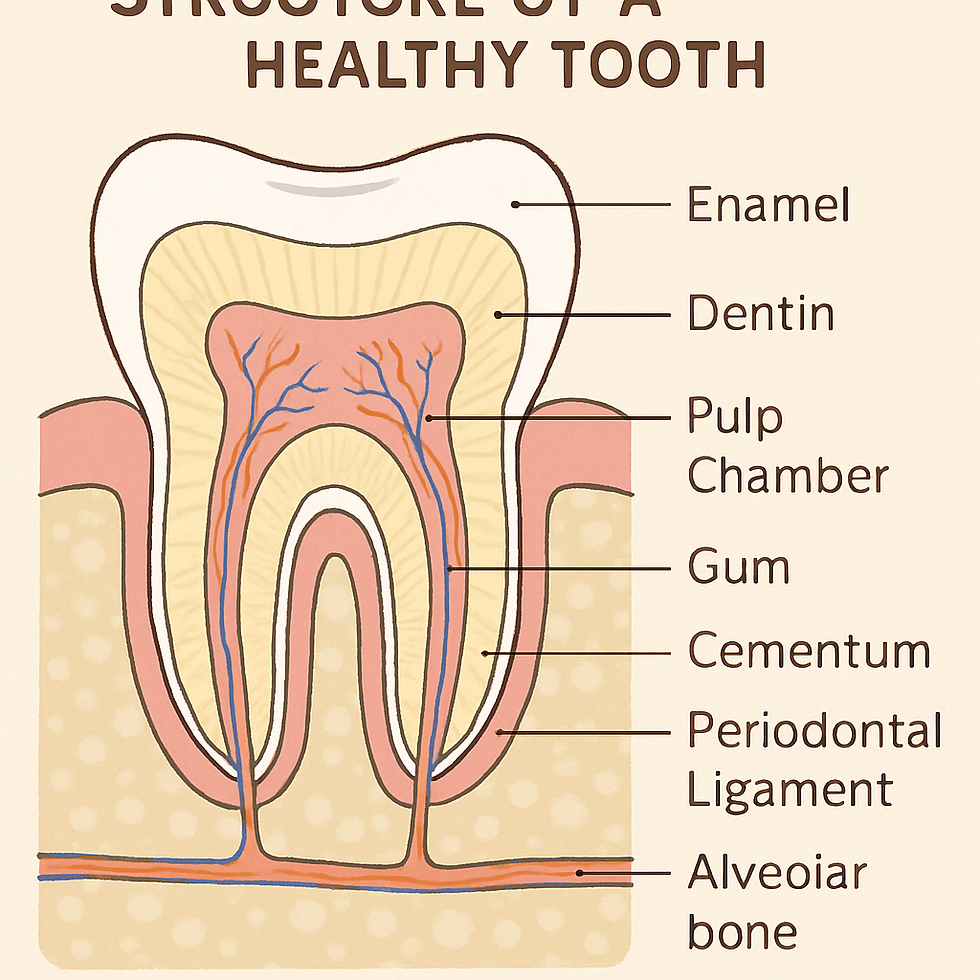 Cross-section diagram of a healthy tooth labeled with enamel, dentin, pulp chamber, gum, cementum, periodontal ligament, and alveolar bone.