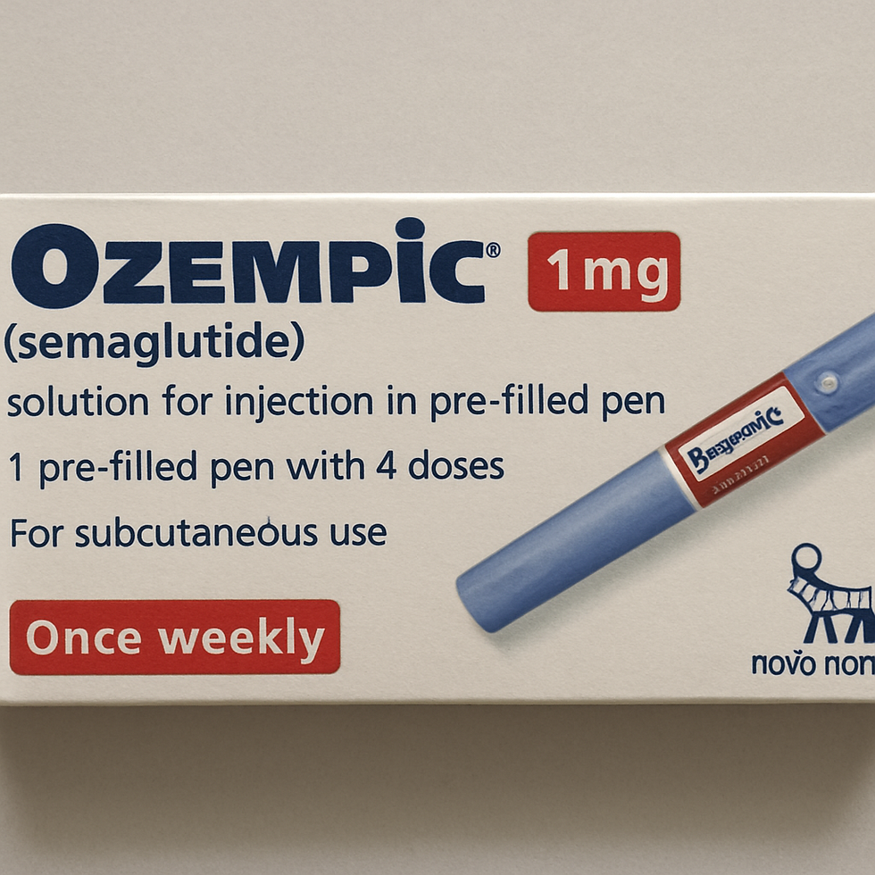 Ozempic 1mg box, labeled for injection in pre-filled pen. Blue pen graphic, red and blue text on white background. Use: once weekly.