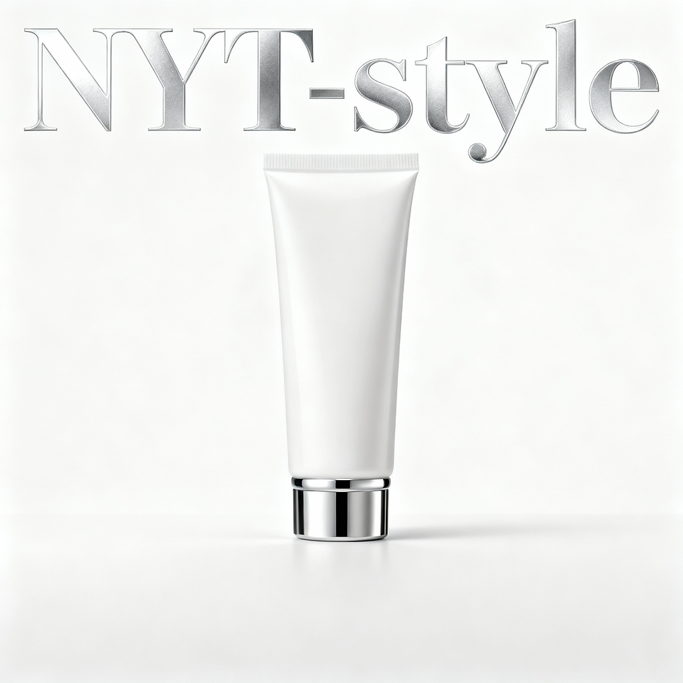 White tube with silver cap centered on a white background. Text "NYT-style" in large, elegant, metallic font at the top. Minimalist vibe.