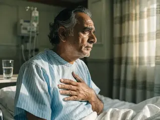 Man in a hospital gown sits on a bed, hand on chest, looking contemplative. Hospital room with IV and subtle lighting in the background.