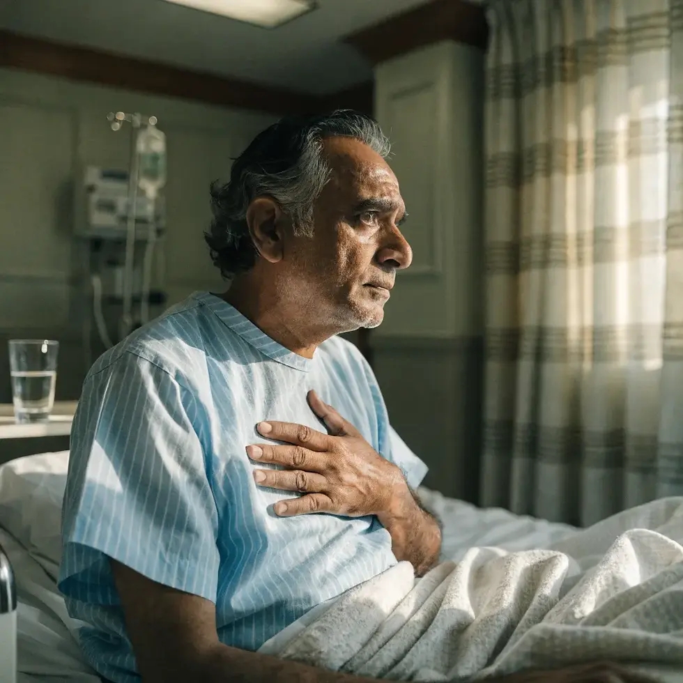 Man in a hospital gown sits on a bed, hand on chest, looking contemplative. Hospital room with IV and subtle lighting in the background.