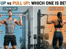 Two images compare exercises: a man doing chin-ups, targeting biceps and lats, and a woman doing pull-ups, focusing on lats and back width.
